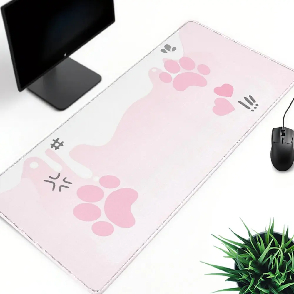 1pc Various Sizes Large Gaming Mouse Mat | Adorable Kawaii Pink Paw Print Heart Cartoon Style, Surface, Rubber Base, Office