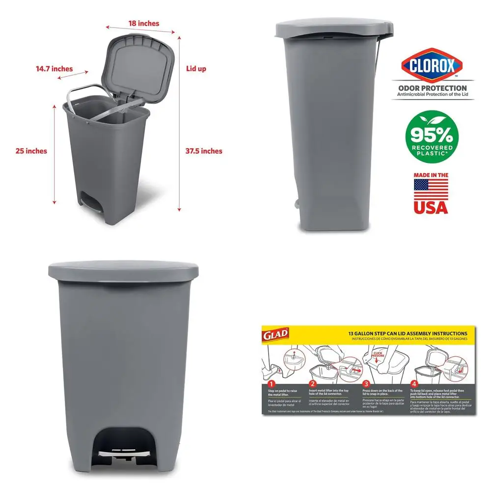 

13 Gallon Plastic Trash Can with Step-On Pedal, Odor Control Lid, and Bag Holders, Grey