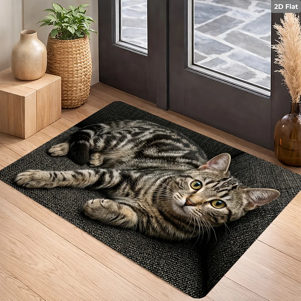 Pet Theme Floor Rug Realistic Lying Tabby Cat Illustration Cute Feline Portrait Warm Decor Area Rug for Porch Home Ornament