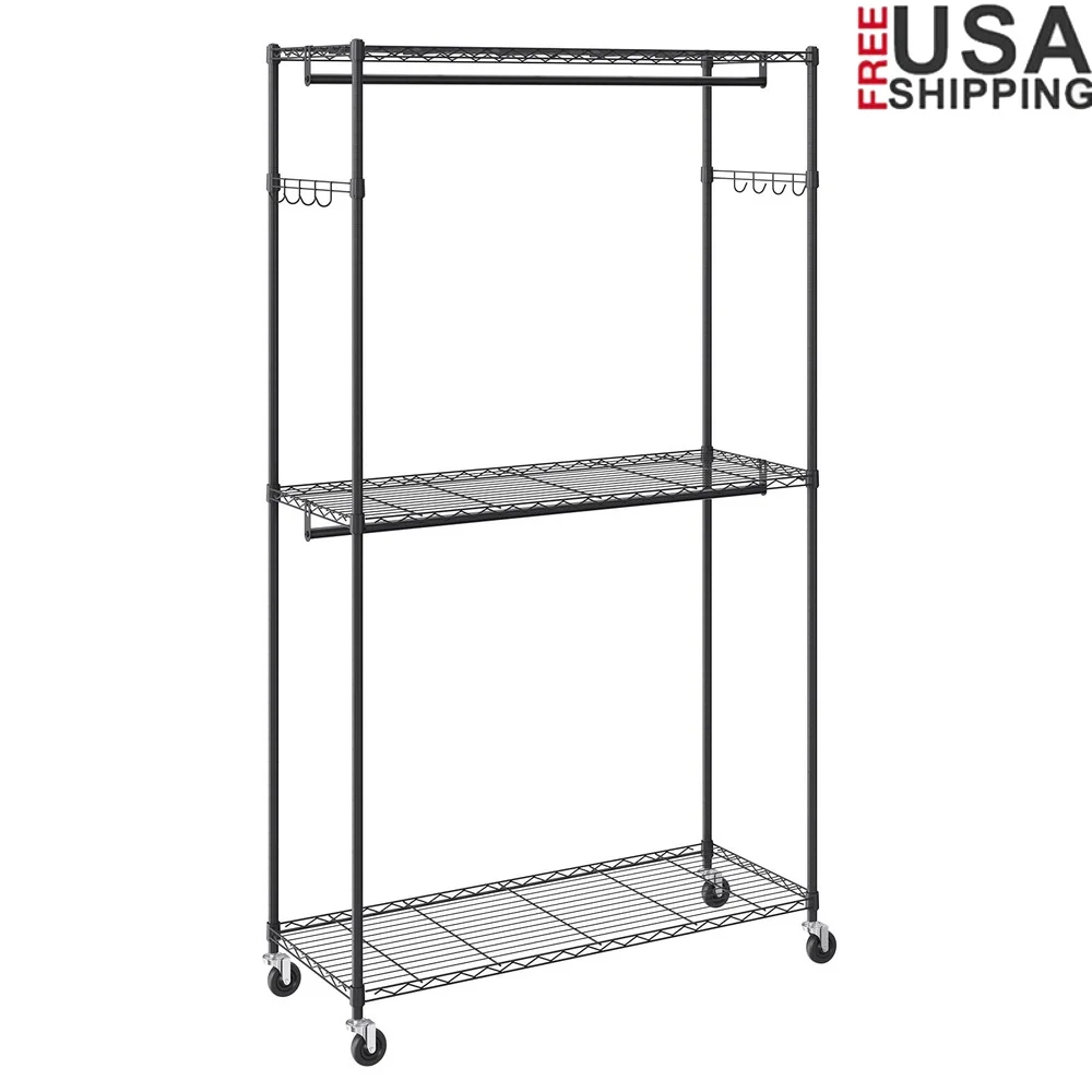 

Rolling Clothing Garment Rack Heavy Duty Adjustable with 3 Shelves Mobile Storage Solution Perfect Organizing Clothes Shoes