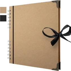 Scrapbook Album 60 Pages (8 x 8 inch) Black Thick 180gsm Kraft Paper, Corner Protectors - Scrap Book, Ribbon Closure