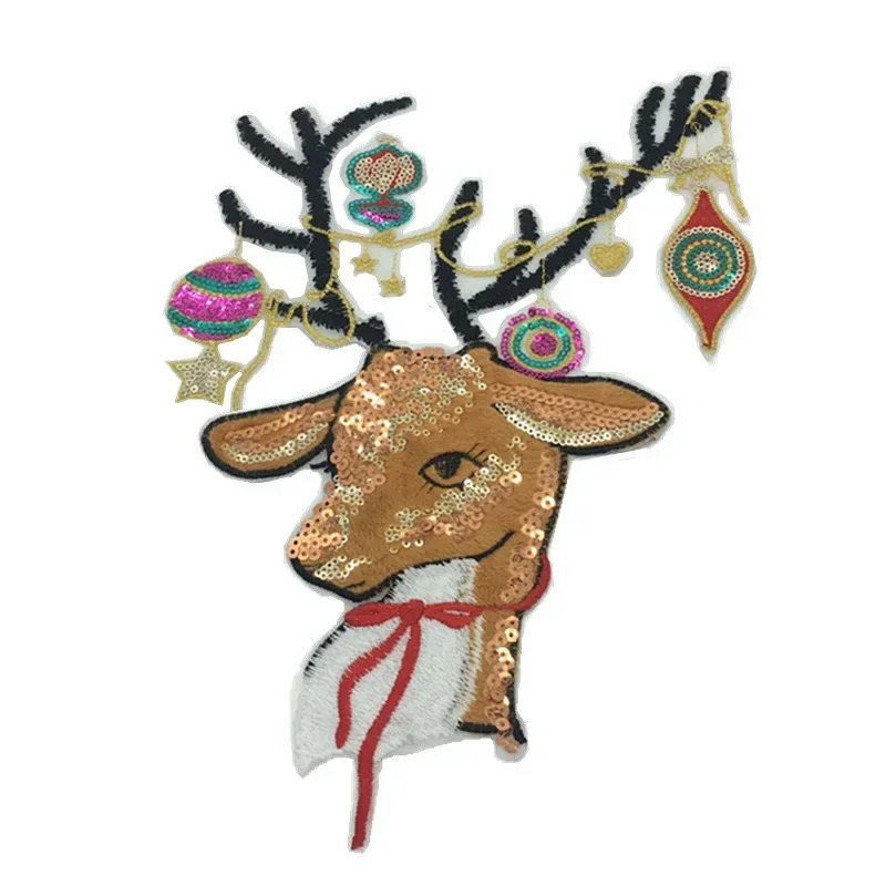 20pcs/Lot Luxury Large Sequin Flannel Embroidery Patch Christmas Sika Deer Home Clothing Decoration Accessory Craft Diy Applique