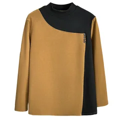 Women's Long Sleeve Cotton T-shirt, Warm Inside with Top, 4 Buttons, Block Color, Plus Size, 100kg, 1885, Autumn and Winter