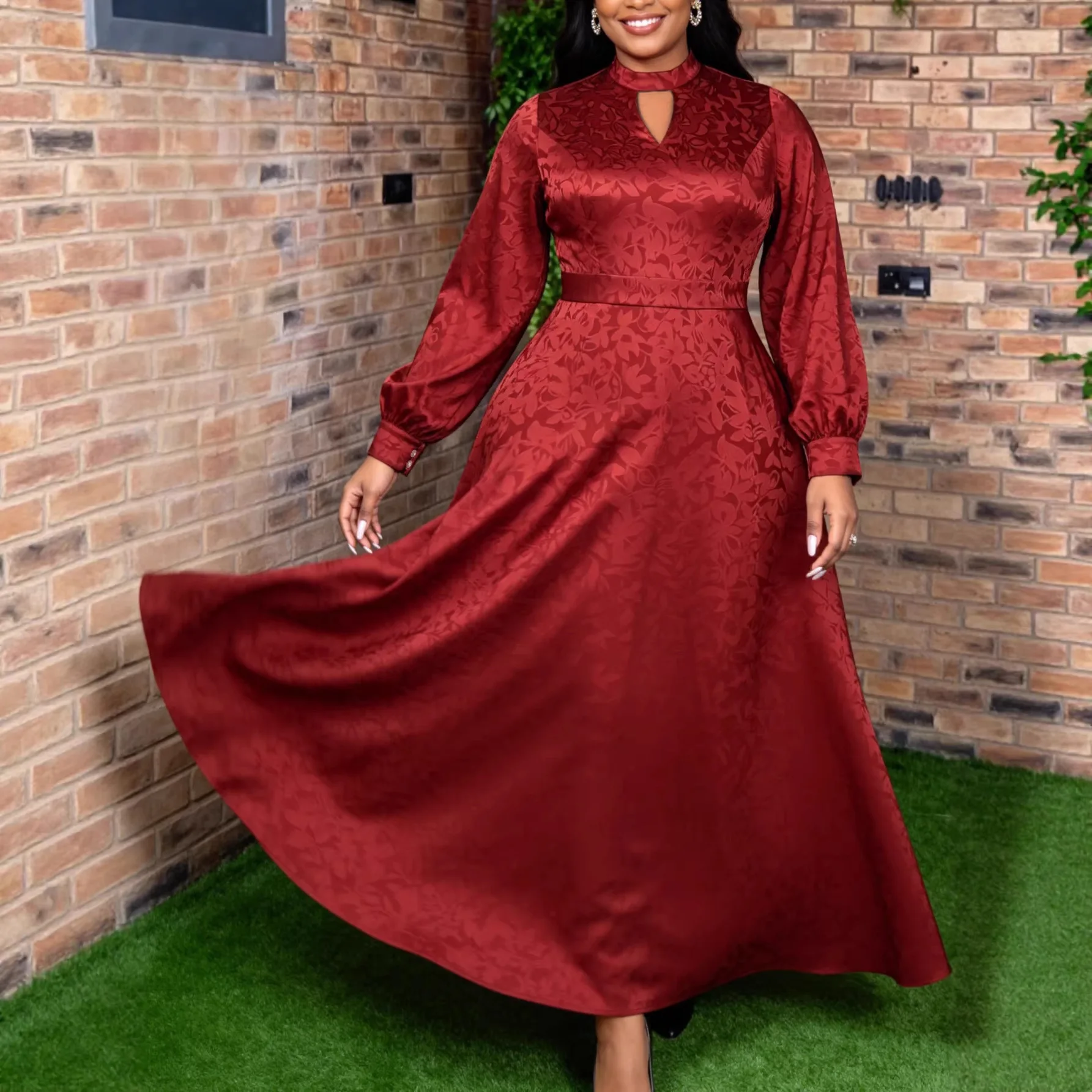 Africa Clothing Women Stand Collar Cut-out Jacquard Dress Lantern Sleeve Pleated Classy Evening Party Wedding Guests Gowns