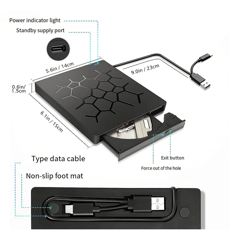 Multifunction External Drive External CD/DVD Drive USB 3.0 Type-C With SD/TF & USB3.0 Optical Drives For PC Laptop