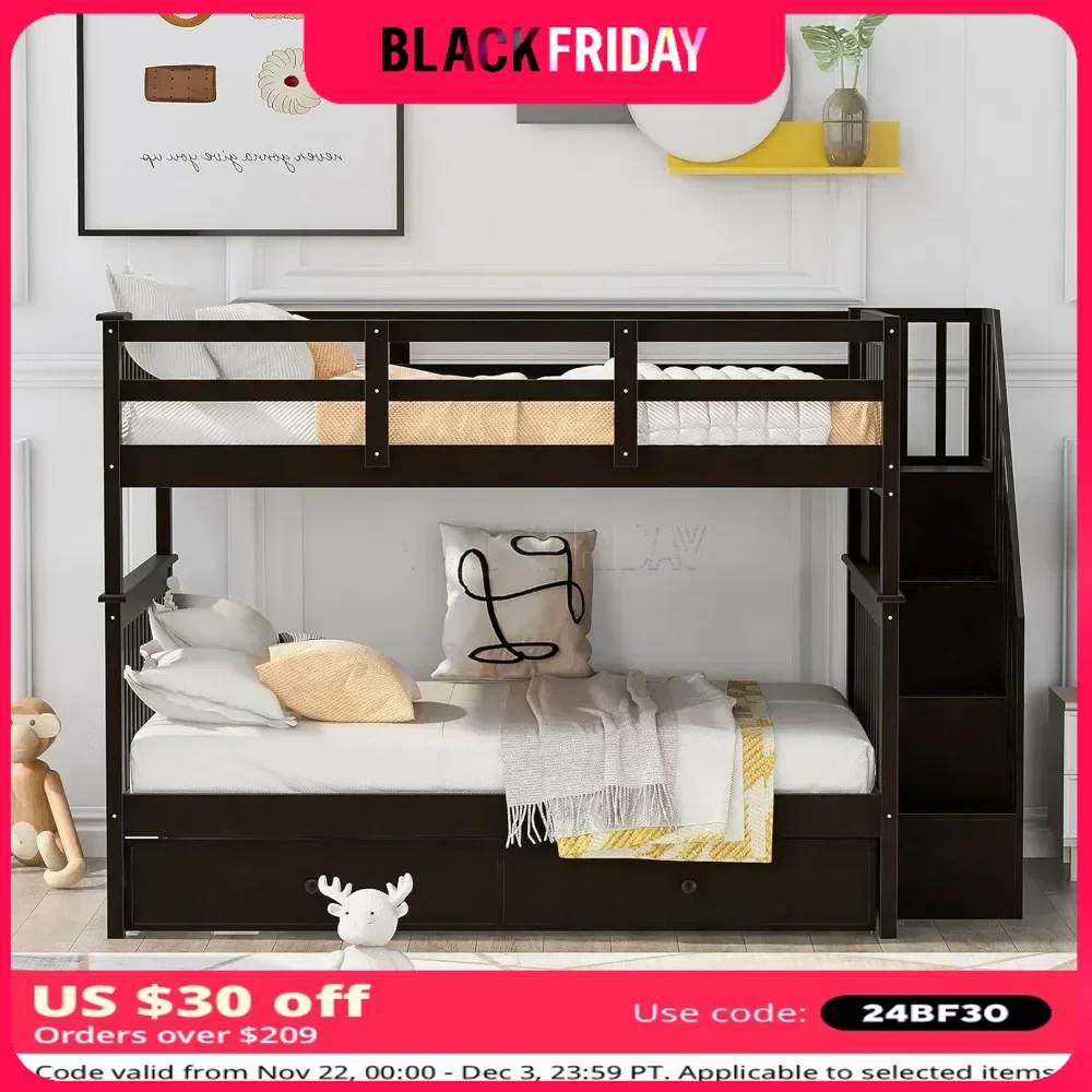 Bunk Bed ,with Stairs and Trundle,with Storage, for Kids Teens Adults ,Wooden Bunk Bed Frame