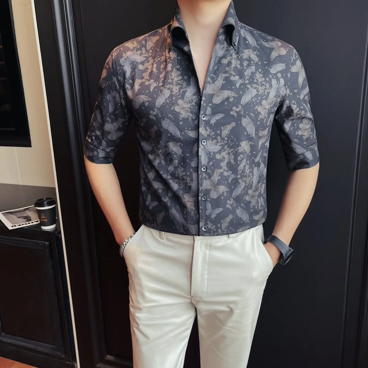 Summer V-neck Printed Shirt Men's Mid Sleeve Slim Fit Business Casual Shirt High Quality Business Social Office Barber Shirts