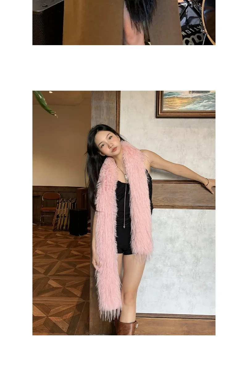 Koreanische Designer Runway Stil Dicken Schal Modische Plüsch Lange Streifen Schal frauen Nachahmung Nerz Pelz Y2K Mädchen Schal für warme – Detail 11