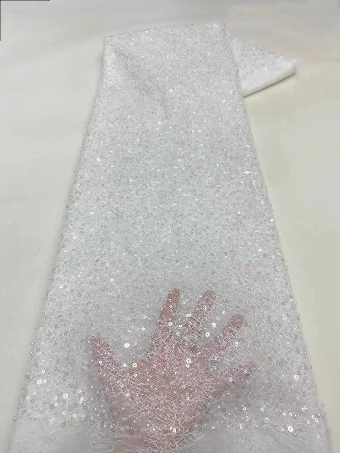 

2025 High-End Luxury Elegant Handmade Beaded Tulle Lace Fabric Nigerian With Sequins Mesh Lace Fabric For Bridal Wedding Dresses