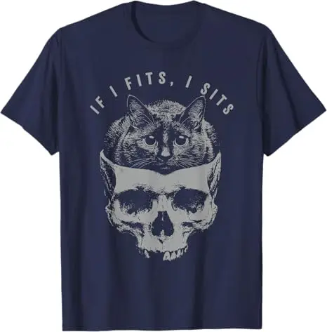 Wenn es passt, sitze ich – Schwarzes Katzenschädel-T-Shirt mit minimalistischem Meme-Humor, Y2K Skelett-Kätzchen Gothic Spruch Tee, Neuheit Geschenk Streetwear – Detail 3