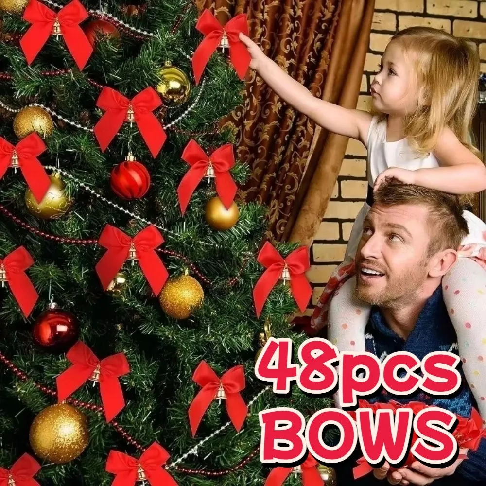 

48Pcs Decorative Christmas Bowknot Ornaments Fluffy 4 Style Christmas Hanging Decorations DIY Craft Handmade