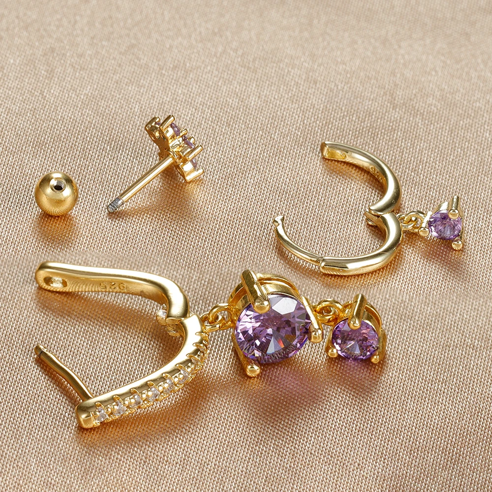 3PCS Luxury 6 Styles Colorful Zircon Flower Pendant Earrings Set for Women 18K Gold Plated Huggie Earring Party Wedding Jewelry