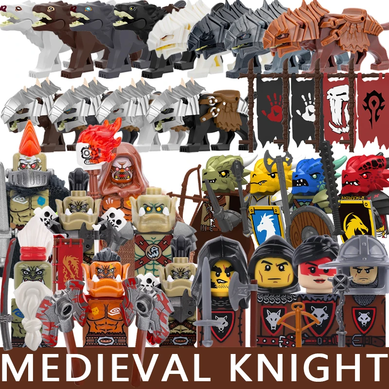Figurines de soldats château médiéval, blocs de construction, chevalier, guerrier Orc, Dragon, loup, animaux, drapeaux de combat, accessoires, briques, jouets pour garçons