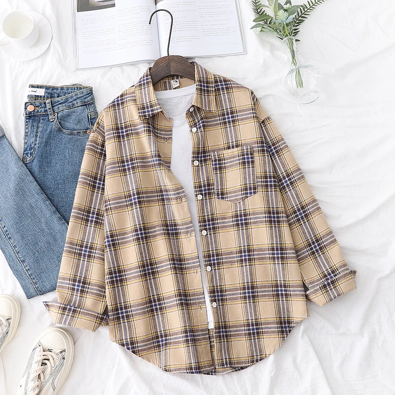 Casual Women\'s Plaid Shirt 2024 New Fine Female Long Sleeve Shirts & Blouses Ladies Loose Cotton Red Green Checked Tops Clothes