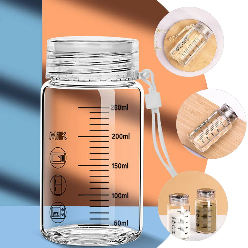 

Glass Water Bottle Scale Wide Mouth Portable Drink Cup Milk Bottle 260ml Travel Outdoor Water Cup Leakproof