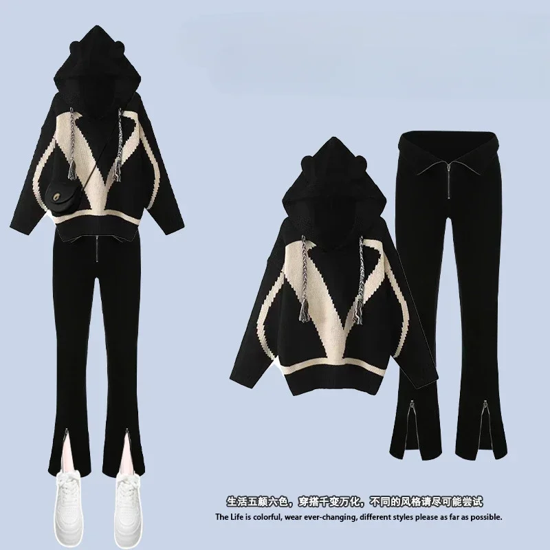 Spring New Slim Fit High Waisted Split Women's Pants And Knitted Hoodie Two-piece Set Of Korean Fashion Casual Pants Set