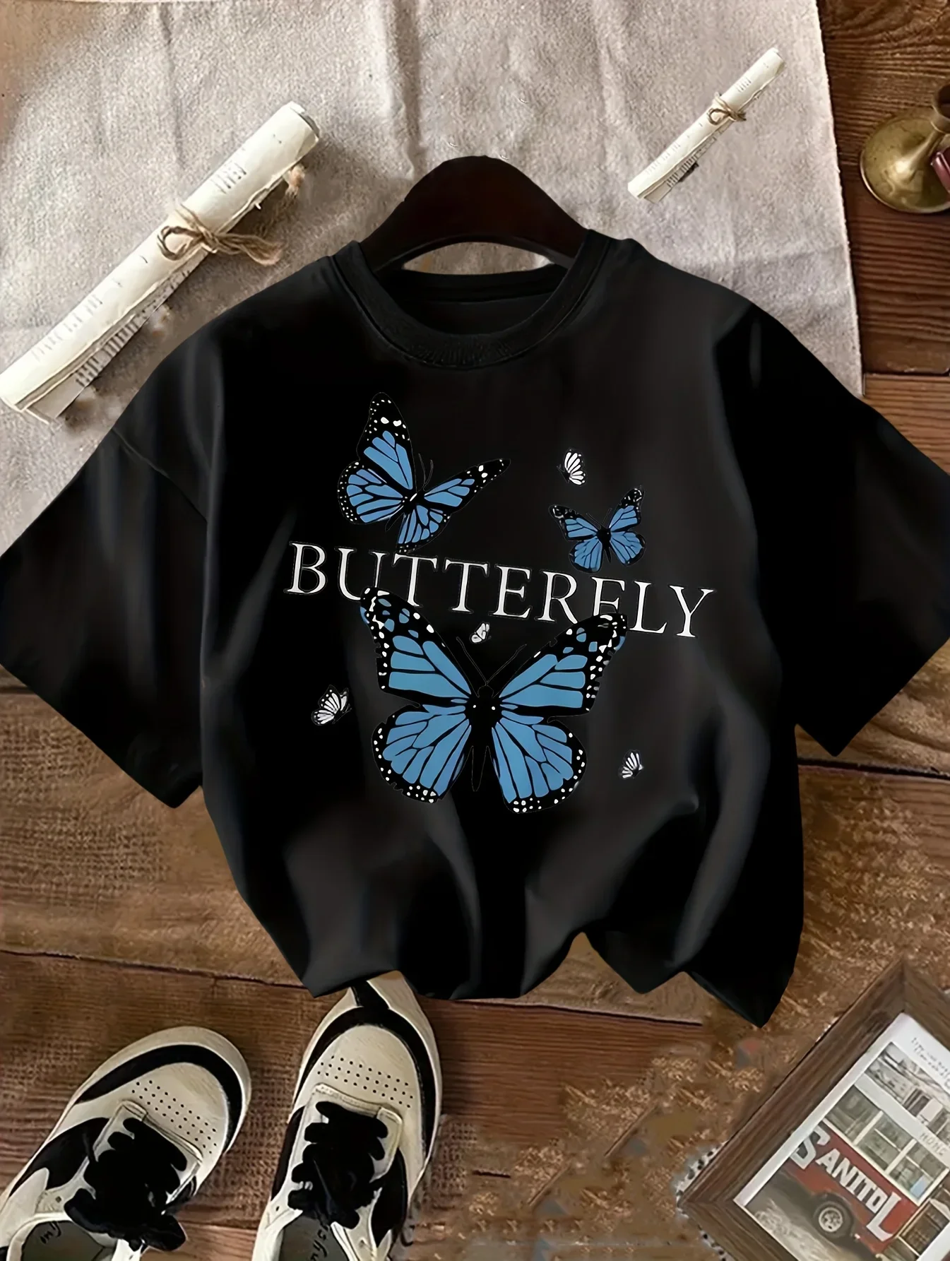 Girls Tee Blue Monarch Butterfly Group and Butterfly Word Print Soft Cotton Kids Trendy Casual Short Sleeve Parent-child T Shirt