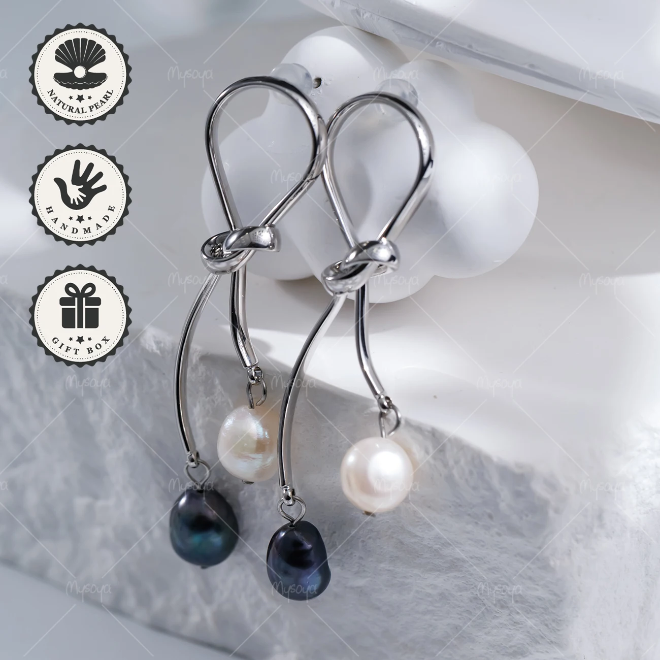 

Серьги-гвоздики MYSOYA с черно-белым жемчугом в стиле барокко 8-9 мм с бантом, в подарочной коробке, подарок на день рождения, подарок на День святого Валентина