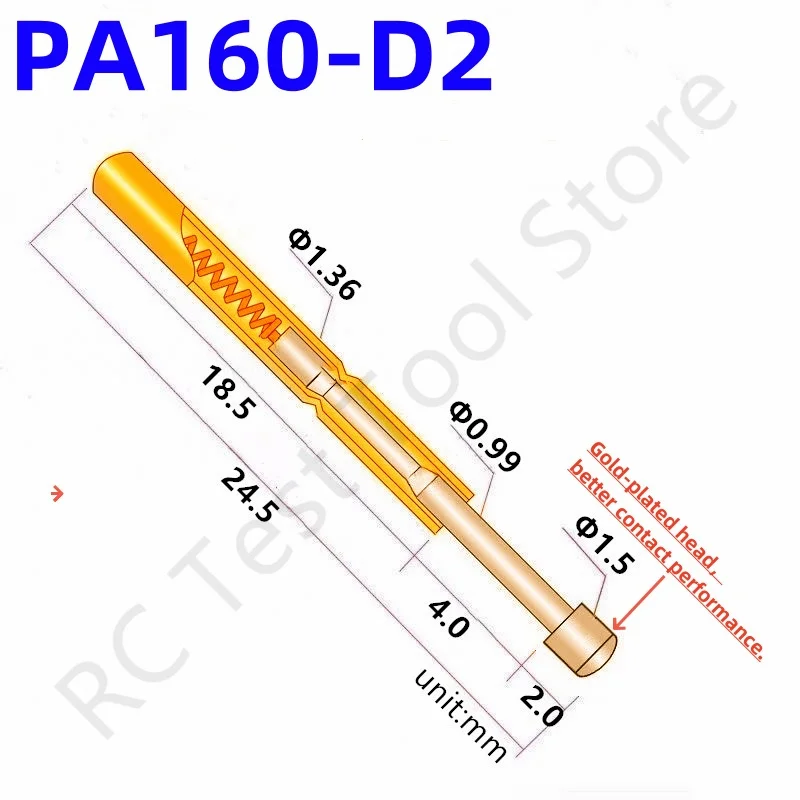 

100PCS PA160-D2 Spring Test Probe PA160-D Test Pin P160-D P160-D2 Test Tool 24.5mm 1.36mm Needle Gold Tip Dia 1.50mm Pogo Pin