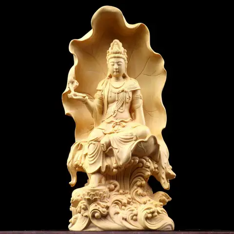 Estátua de Avalokiteshvara (Guan Yin) Bodhisattva sentada, esculpida em madeira. Lótus. Ornamento para casa, templo, altar.