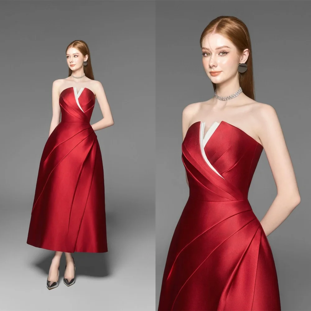 

Customized High Quality Burgundy Satin Evening Dress Temperament Strapless Sleeveless Contrast Color Zipper Back Celebrity Gowns