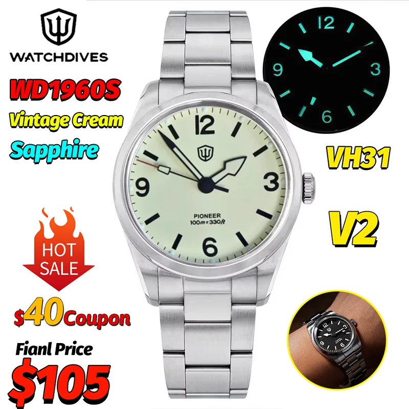 

Часы Watchdives WD1960S V2 Vintage Cream 36 мм, кварцевые мужские часы VH31 Sweep Bubble Sapphire 10ATM, светящиеся наручные часы из нержавеющей стали