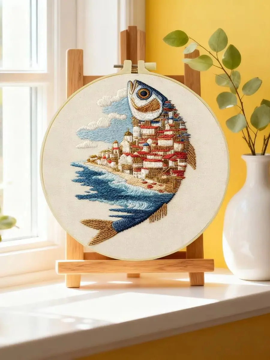 1 Stück 20X20CM/15X15CM 7,87/6,3 Zoll Fisch-Stickerei-Starter-Kit DIY-Kit DIY-Stickerei-Set Handarbeits-Nadelkunst-Set für Anfänger – Detail 6