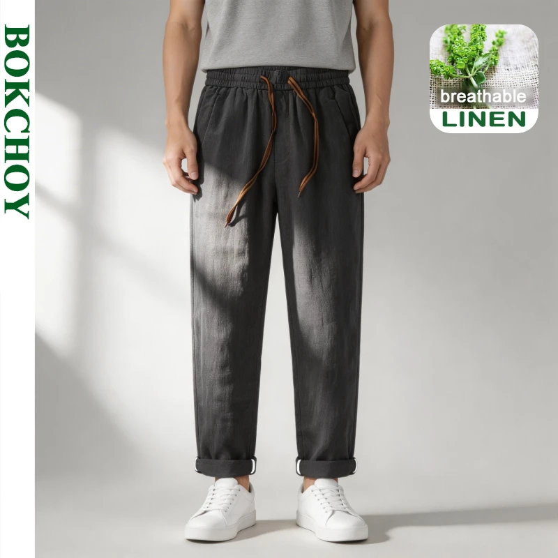 

2026 Spring Summer New Thin Cool Cotton and Linen Breathable Pant for Men Casual Straight Drawsring Male Summer Pant EC1369