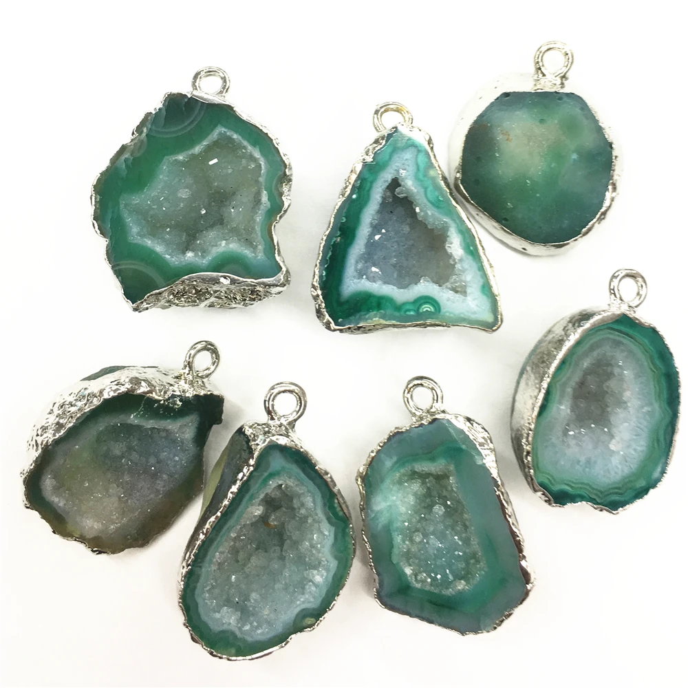 New Natural Stone Pendants&Necklace Brazilian Electroplated Platinums Edged Slice Open Blue Agates Geode Drusy Druzys Wholesale