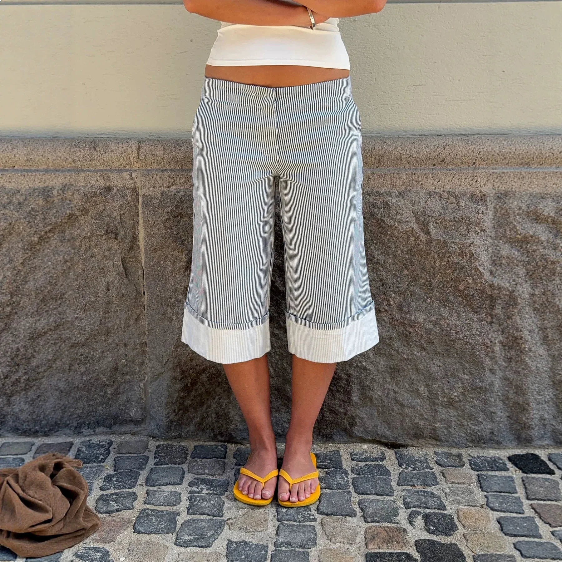 Women Mid Rise Striped Print Jeans Rolled Hem Denim Pants