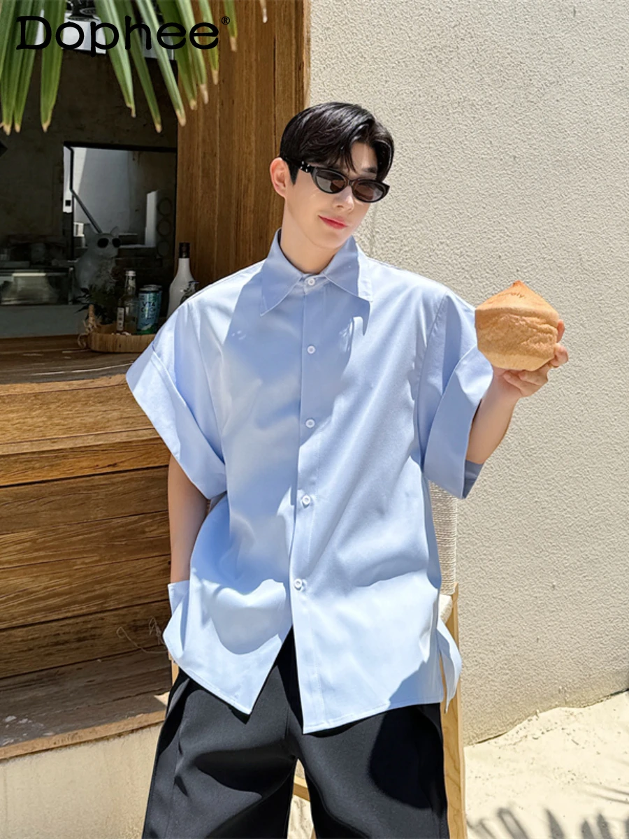 2024 Summer New Shirts Short Sleeve Breathable Shirts Men's Fashion Trendy Shirt Loose Casual Solid Color Handsome Male Shirt