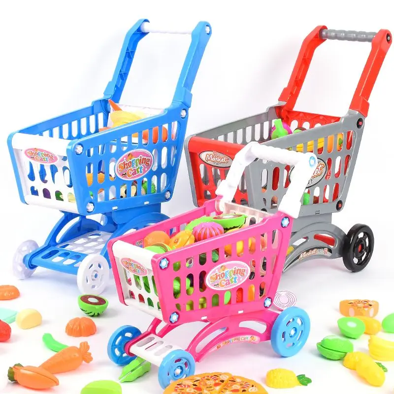 Pink Shopping Trolley Cart Supermarket Trolley Push Car Toys Basket Mini Simulation Fruit Food Pretend Play Toy for Children