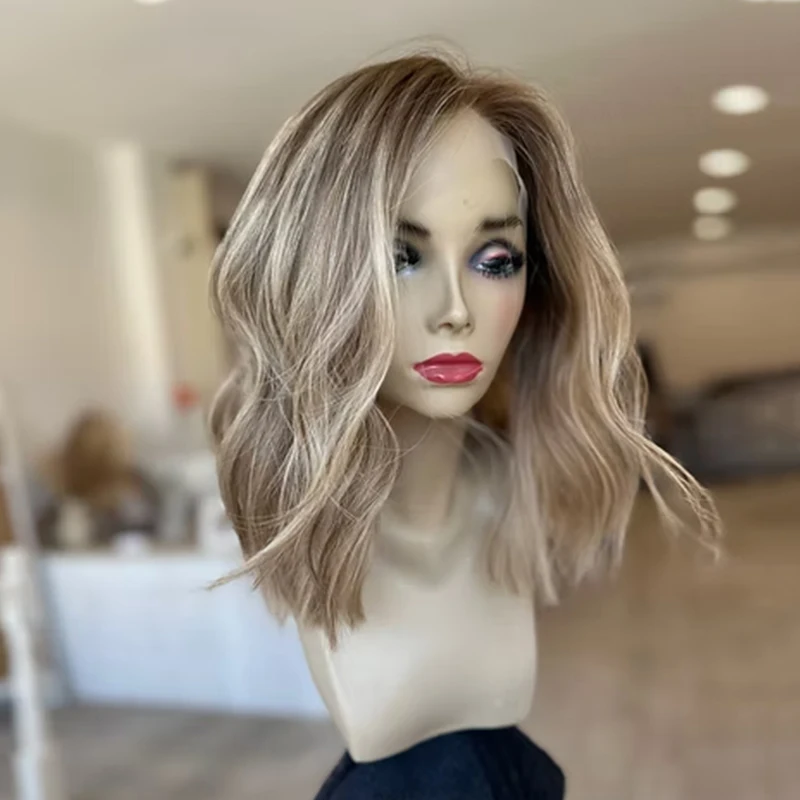 14Inch Natural Wave Synthetic Lace Front Wig for Women Light Blonde Highlights Easy Wear Daily Cosplay Wig Heat Friendly Fibre