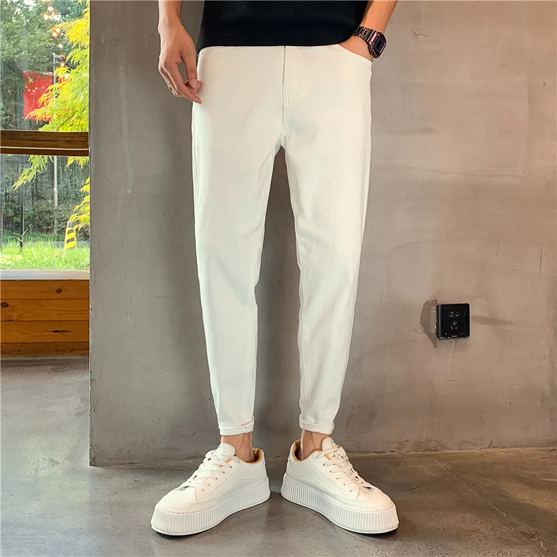 2024 New Men\'s Streetwear Slim Straight White Jeans Smart Casual Denim Trousers Y2k Clothing Fashionable Ninth Pants