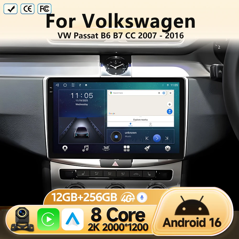 Android 16 For Volkswagen VW Passat B6 B7 CC 2007 - 2016 Carplay GPS Navigation Car Radio Multimedia Video Player Head Unit BT