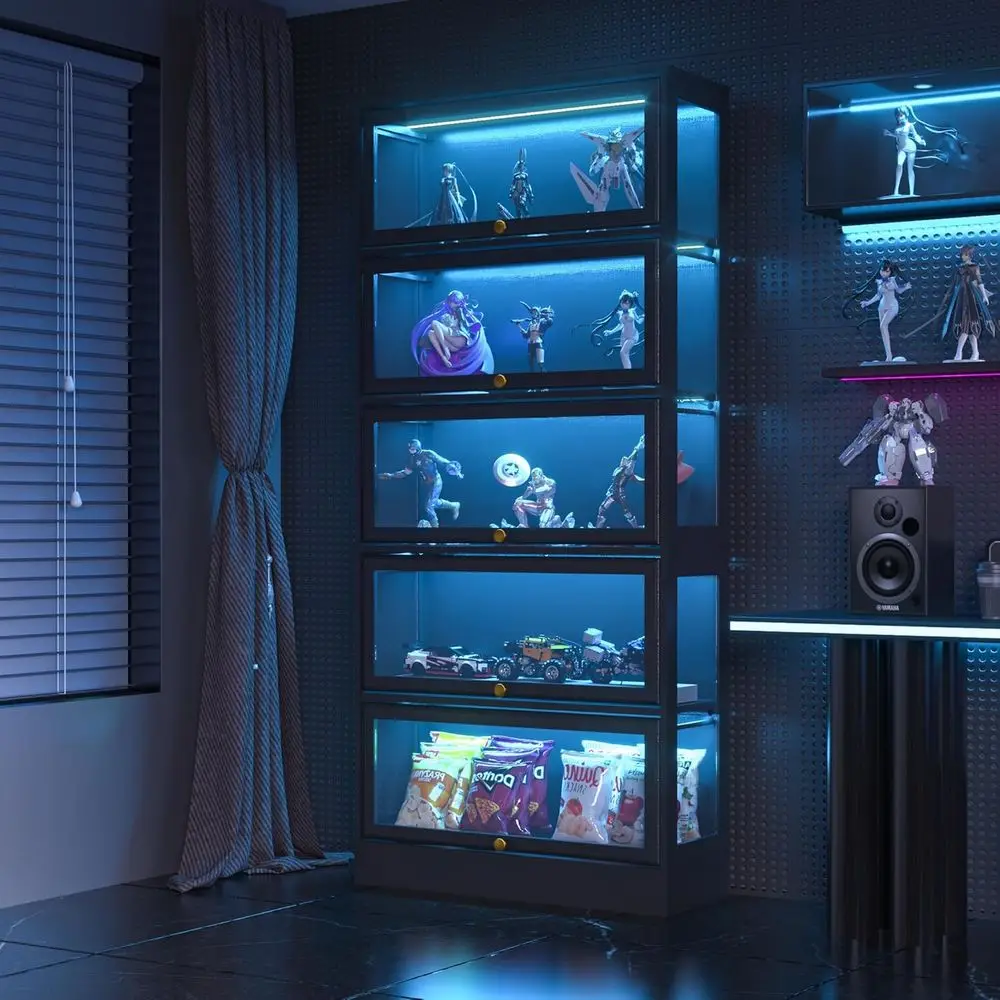 5-Tier Acrylic Glass Display Cabinet with LED Lighting, Ideal for Collectibles and Toy Storage