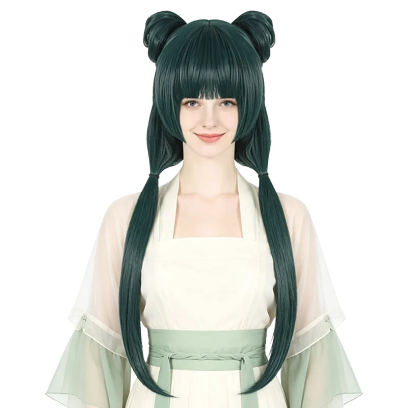 Maomao Cosplay Wigs Dark Green Double Ponytails Detachable Claw-Clip Buns Heat Resistant Anime Wig For Halloween Costume Party