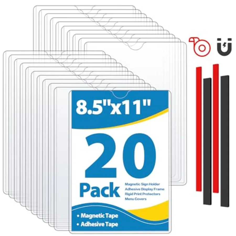 

20 Pack Wall Sign Holder 8.5x11 Magnetic Plastic Sign Holder with Magnetic and Adhesive Tapes Adhesive Clear Display Sign Frame