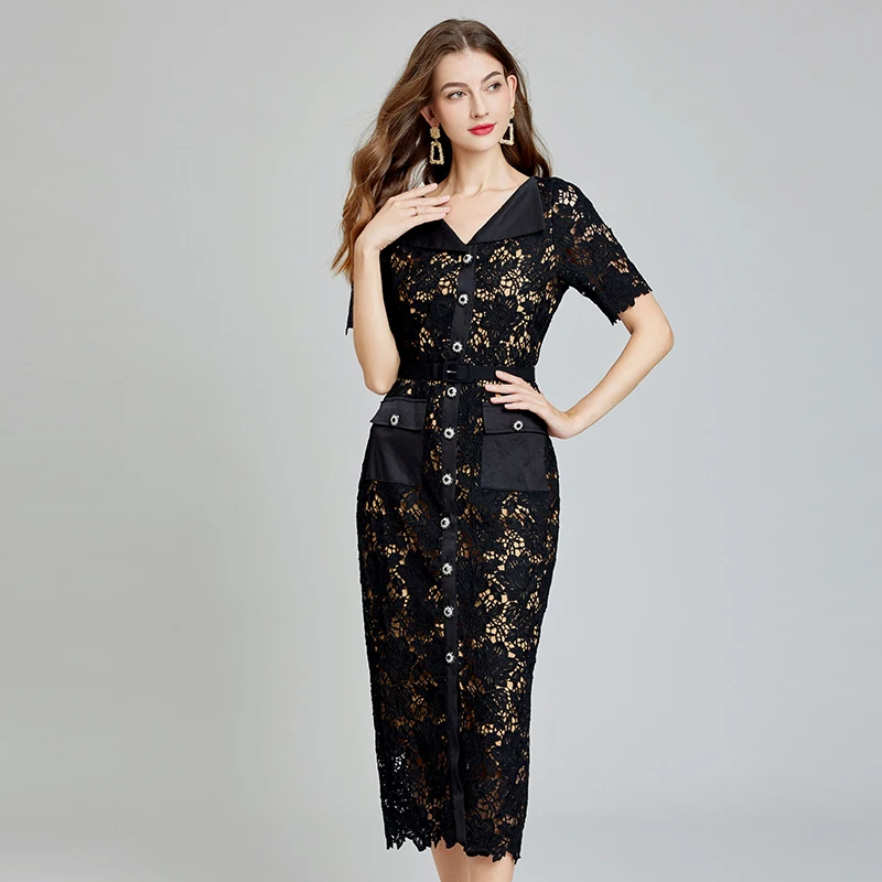 Women Summer Water Soluble Lace Single Breasted Dress Female High Waist Long Evening Party Dresses Embroidery Robes X1375