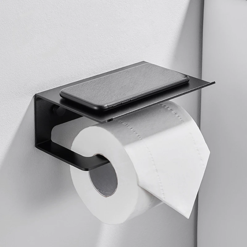 Hot Wall Mounted Black Toilet Paper Holder Tissue Paper Holder Roll Holder With Phone Storage Shelf