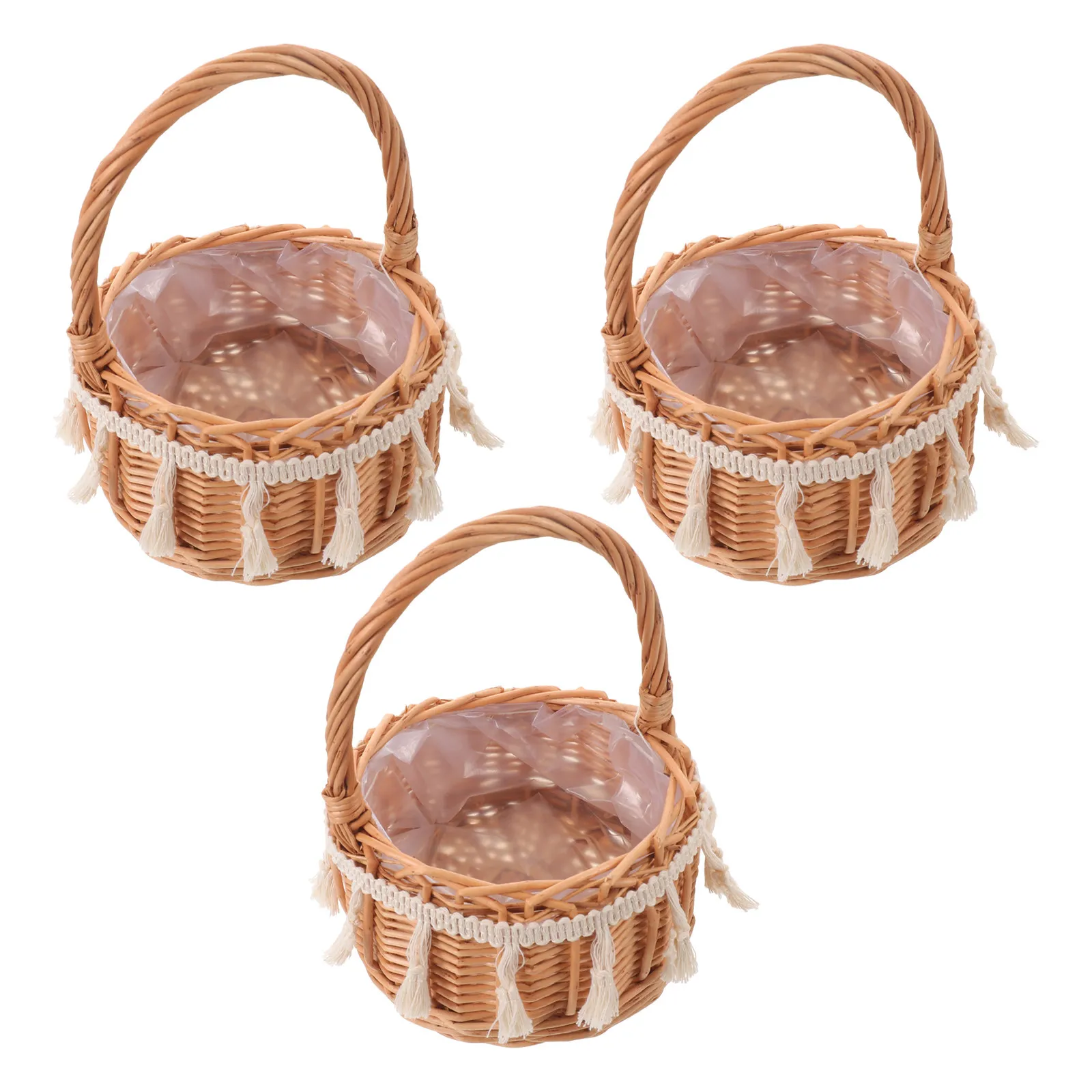 3Pcs Rattan Flower Baskets Handwoven Picnic Hamper with Handles Vintage Rustic Wedding Basket 7.5x5.1x5.1in Portable Garden