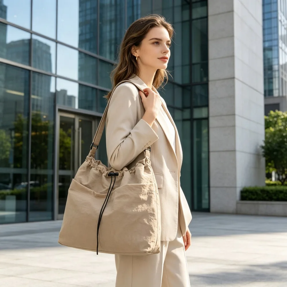 Khaki Large Capacity Fabric Tote Bag 1 Pack for Women, Simple Casual Shoulder Crossbody Handbag, Versatile Daily Work Shopping Purse