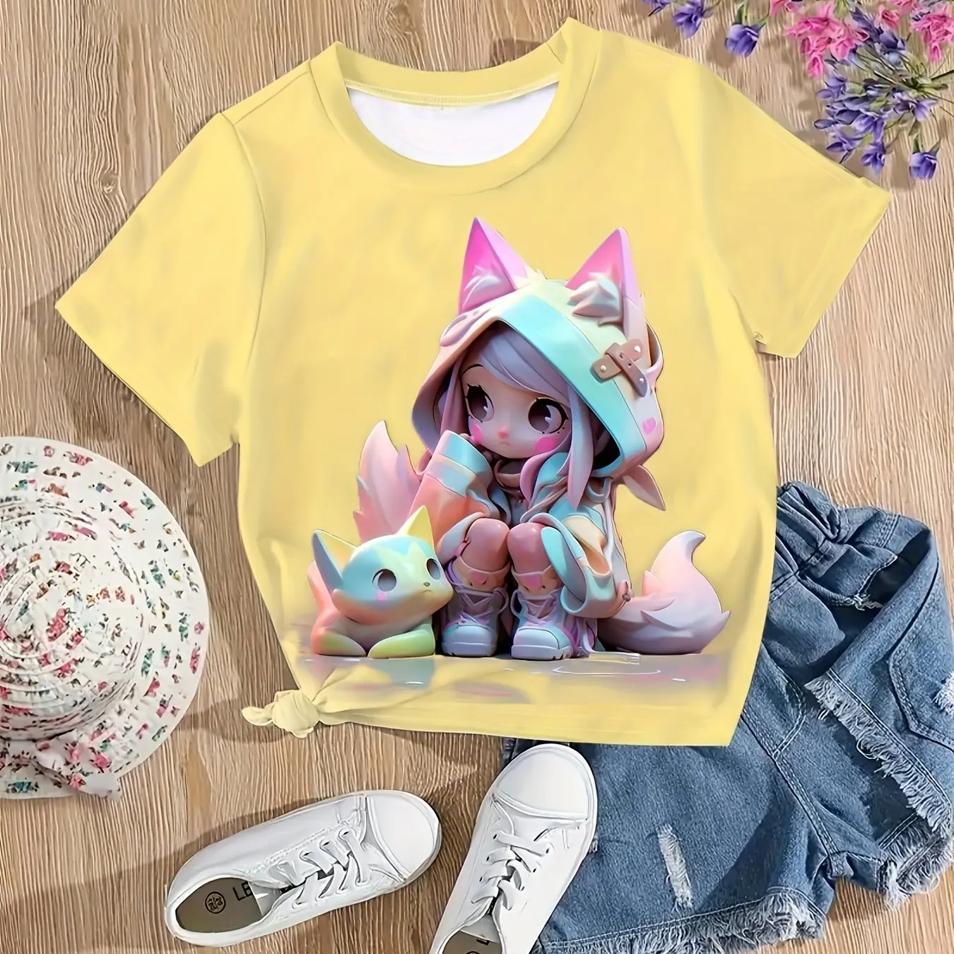 2024 Kids Clothes Anime Graphic Print Girls T-Shirt Comfortable Crew Neck Short Sleeve Tops Summer Outdoor Wear for Kids Clothes