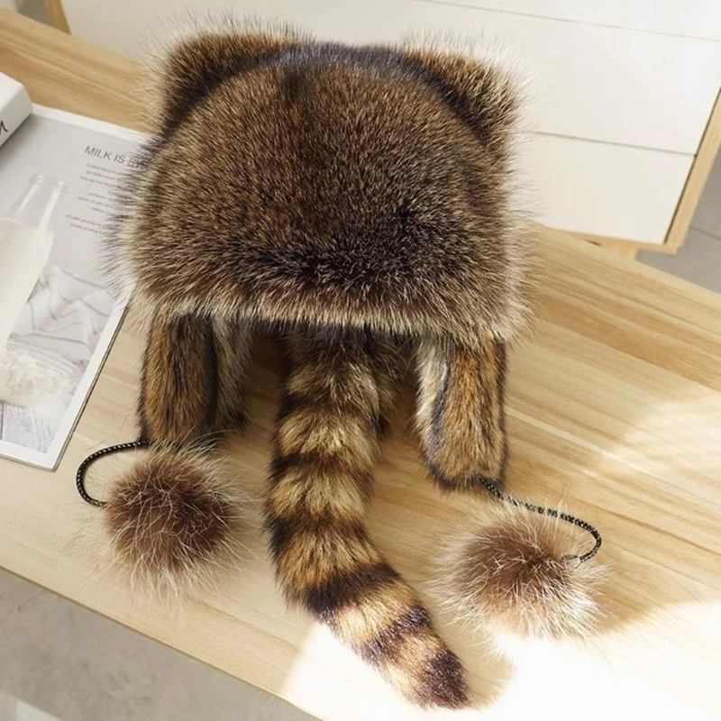 Traveling Plush Hat with Raccoon Tail&Ear Plush Mongolian Hat for Parent-Kids Dropship