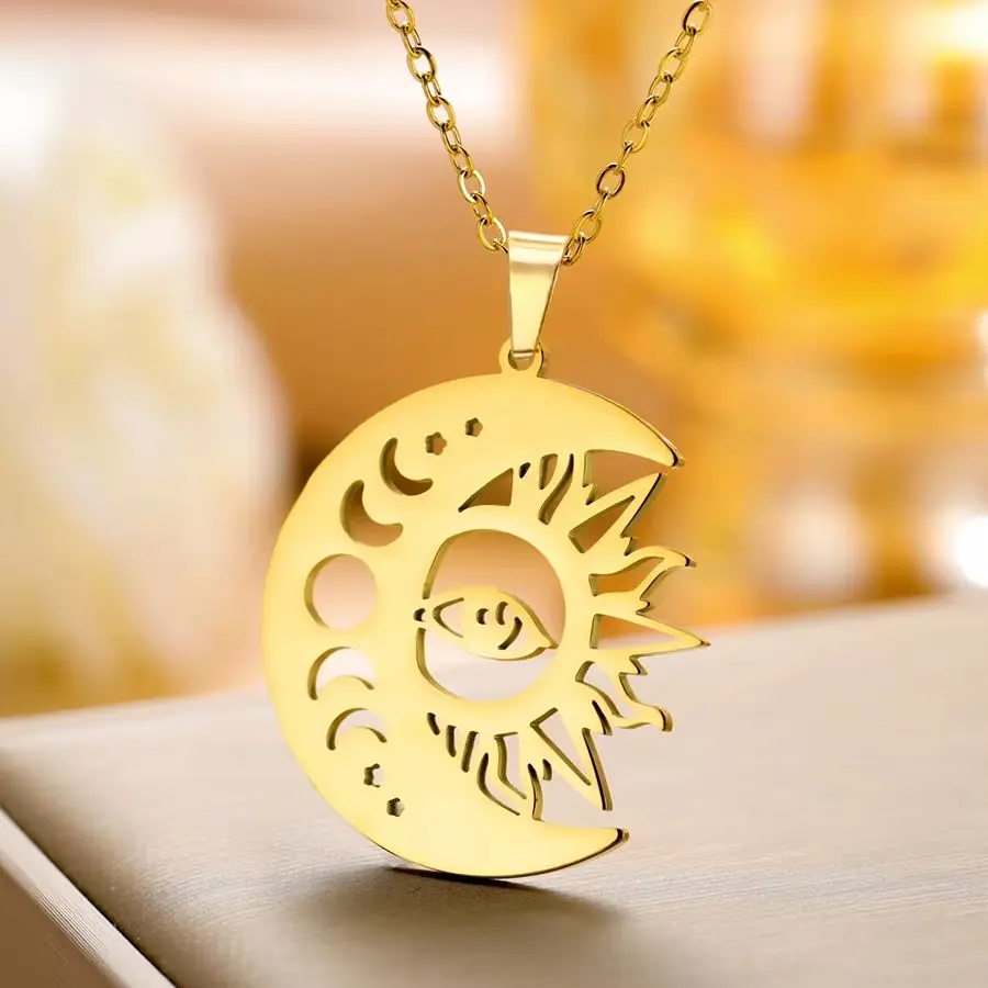 Dawapara Sun and Moon Phase Necklace Crescent Moon Pendant Stainless Steel Jewelry Valentine's Day Gift