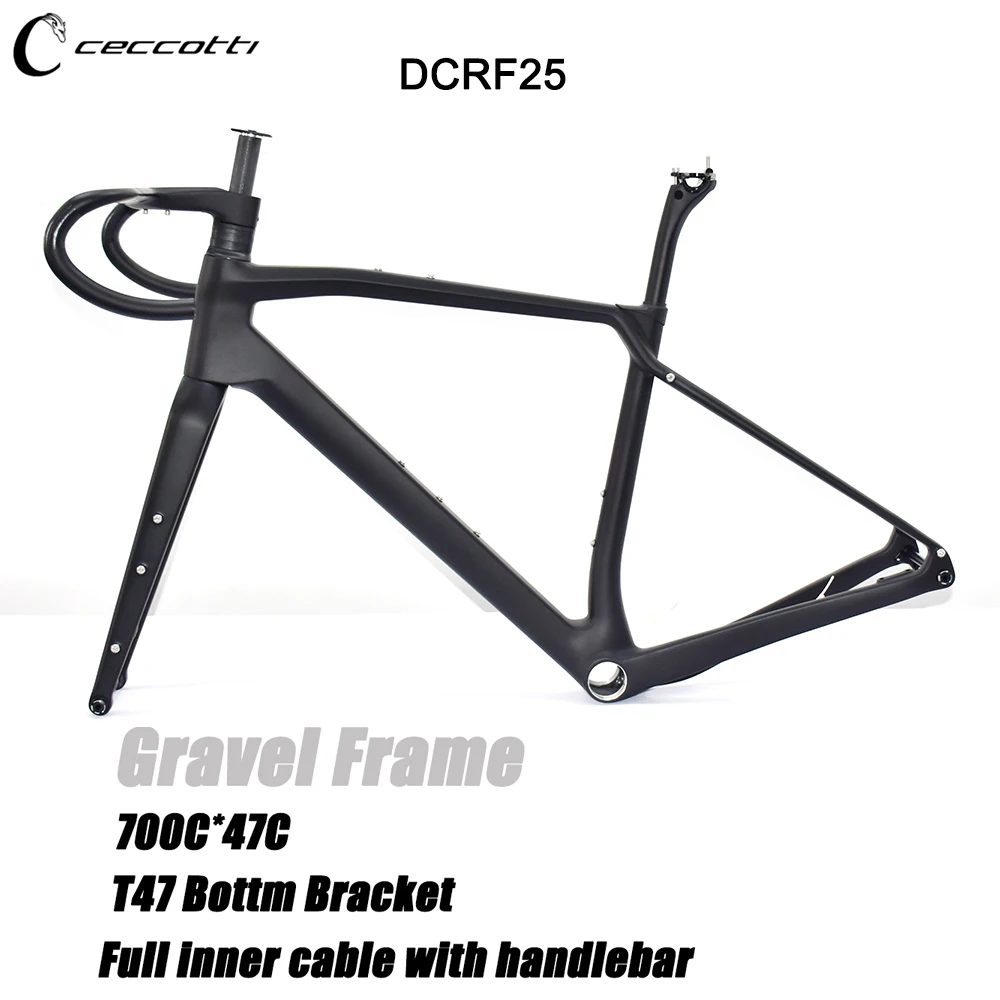 Carbon Fiber Bicycle Frame with Handlebar T1000, 700C Frameset, Full Inner Cable Design Bike Framework, 2023 Gravel Frame