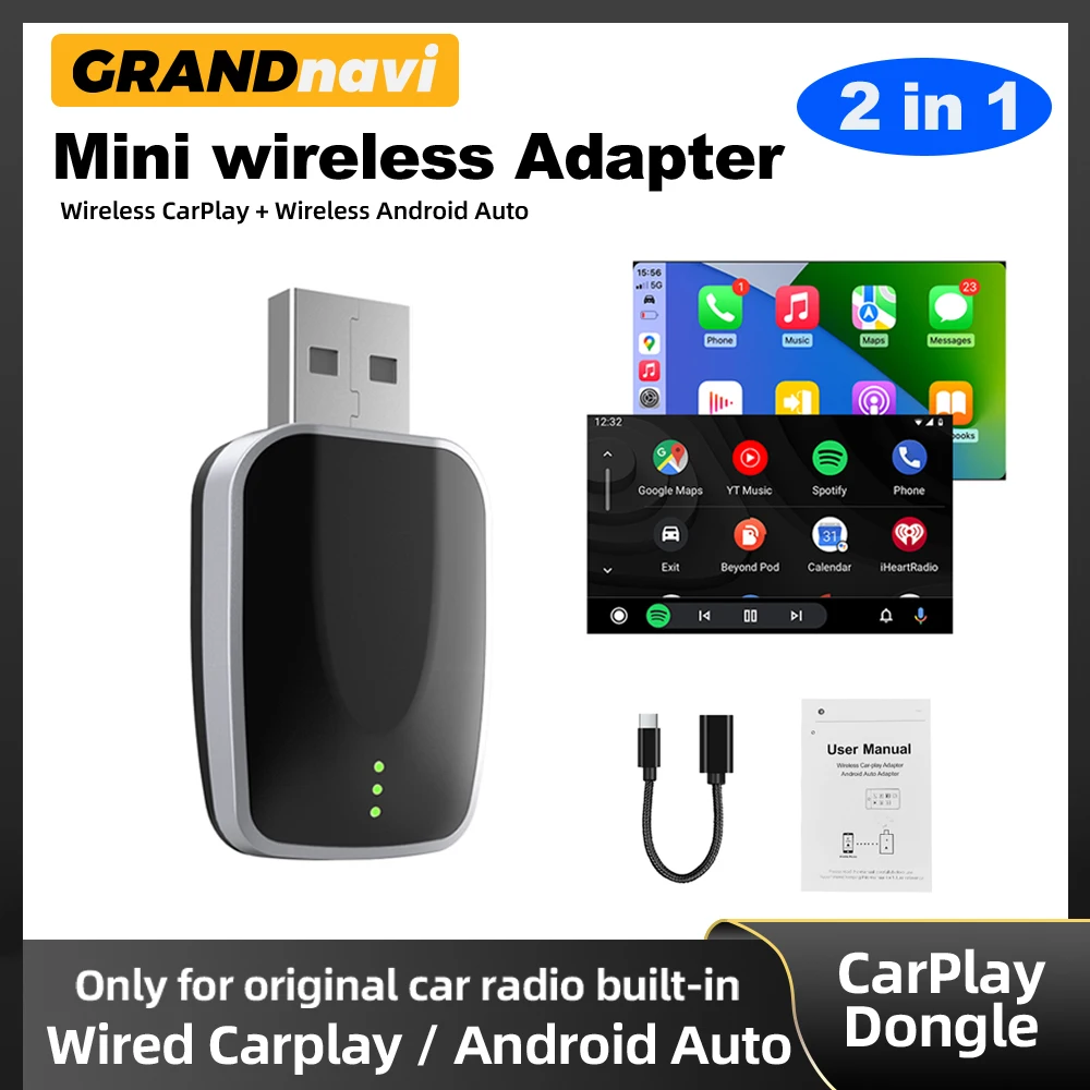 2IN1 Wireless Android Auto Adapter Wired to Wireless Carplay Smart Box USB Plug Play For Lexus Frod Toyota VW Benz Kia MG Haval