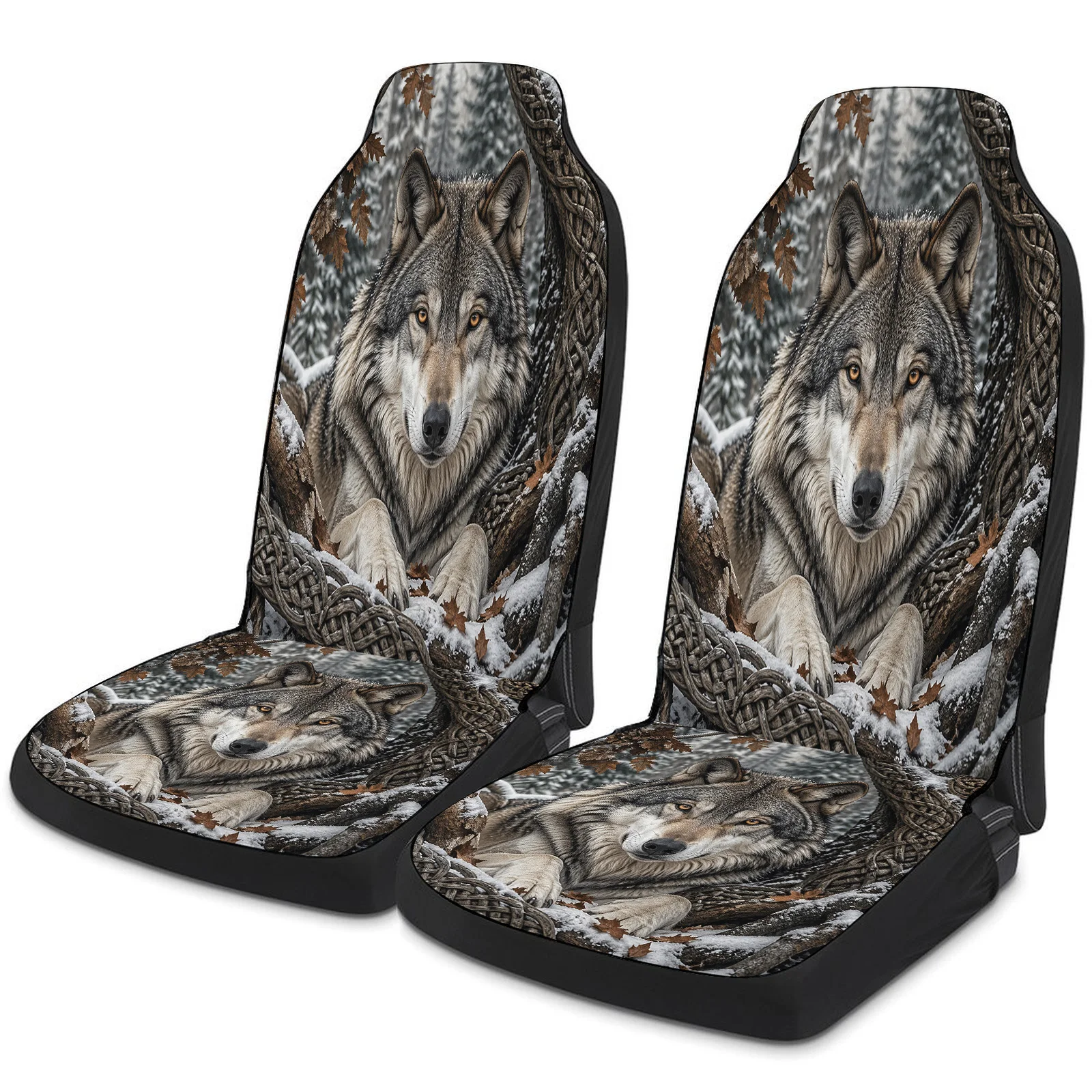 Wolves Winter Pattern Car Seat Cover Set For Most Cars Trucks, Fashionable Breathable Car Seat Protector Covers Full Set, Univer