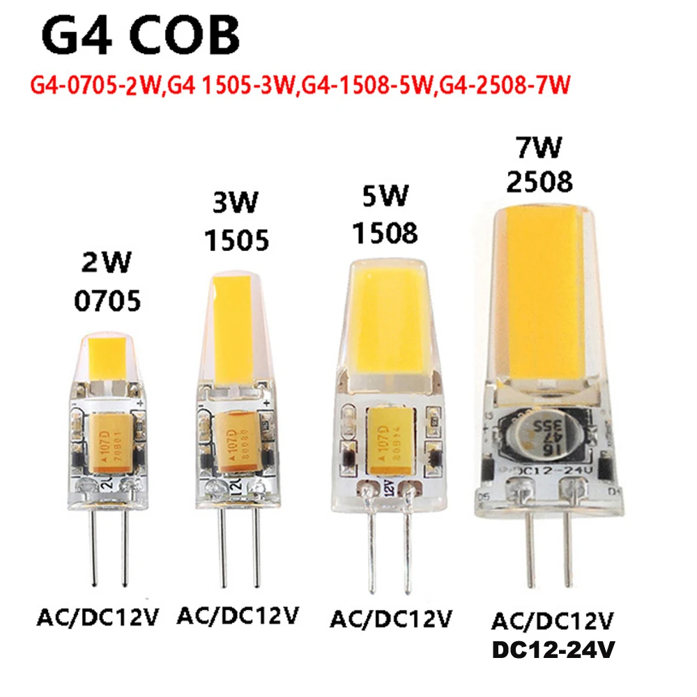 

G4 led lamp lampada AC DC 12v 24V 0705 1505 1508 2508 7W cob led light replace 360 Beam Angle Halogen Chandelier g4 led bulb