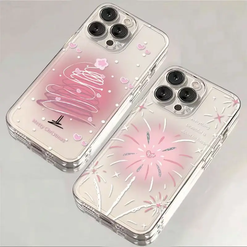 Pink Xmas Tree Fireworks Phone Case For iPhone 16 15 14 13 12 11 Pro XS MAX 7 XR 8 7 Plus Clear Cover Fundas